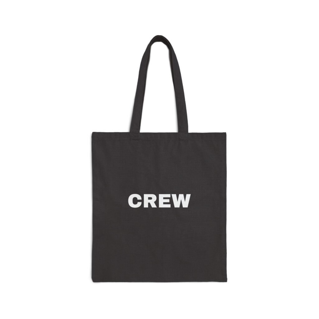 CREW Canvas Tote Bag — Black Cotton Market Tote with Bold White Text