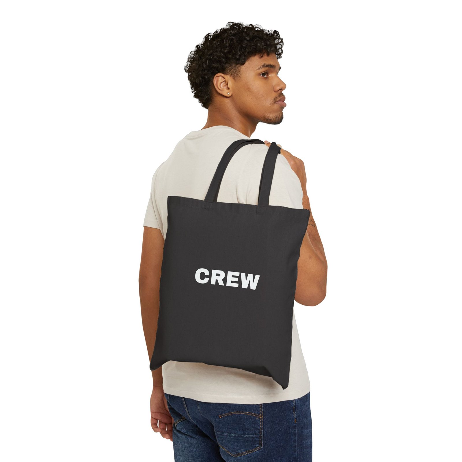 CREW Canvas Tote Bag — Black Cotton Market Tote with Bold White Text - Image 4